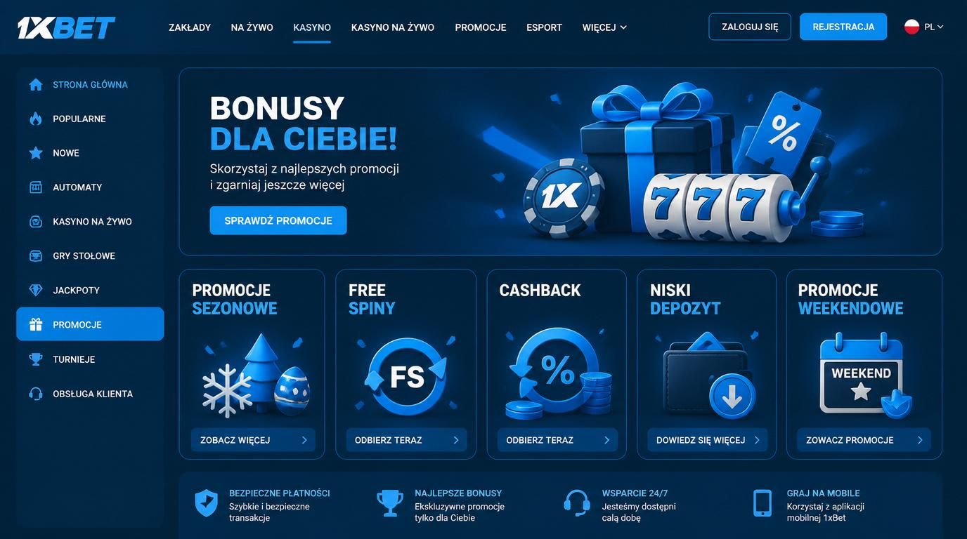 Ilustracja przedstawiająca stale dostępne i sezonowe promocje w kasynie 1XBet – free spiny, cashback i niskie depozyty