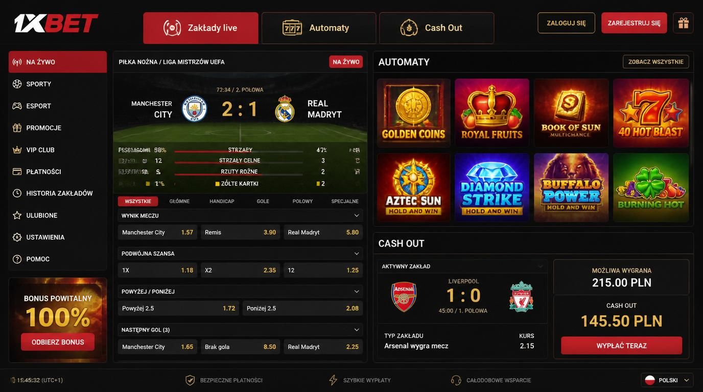 Widok ekranu live sport + automaty slotowe + opcja cash out