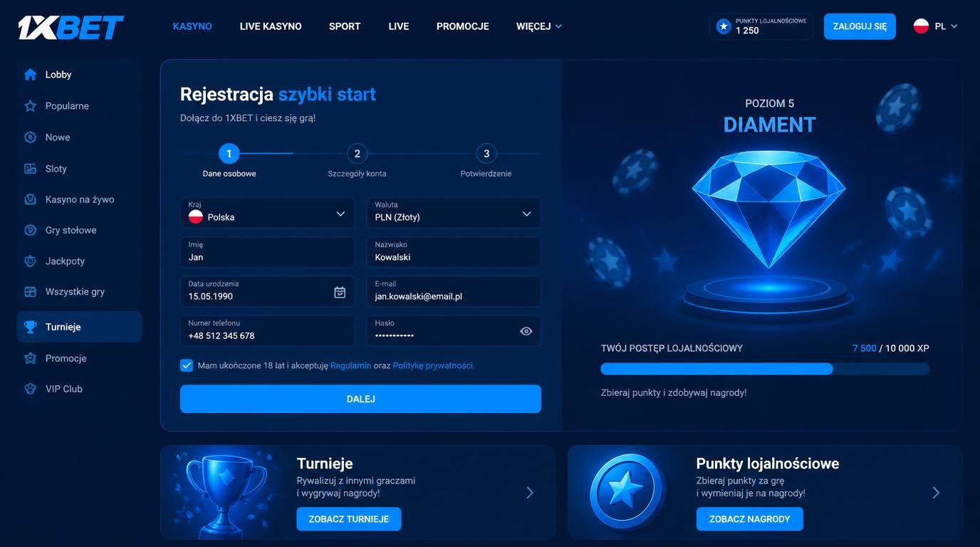 Interfejs rejestracji z paskiem lojalnościowym i elementami turniejów