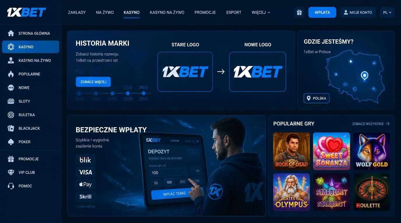 Gracz ogląda historię i logo marki 1xbet nad mapą Polski sankcji